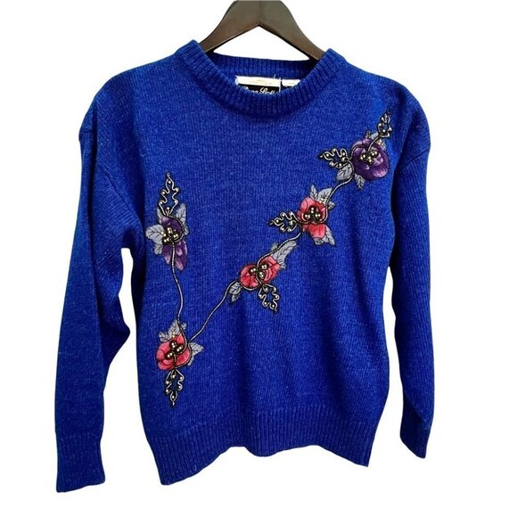 VINTAGE 1980's Royal Blue Raime Blend Embroidered Sweater Size M/L - Picture 2 of 8